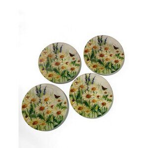 Round Ceramic Drink Coasters Wildflower Butterfly Cork Backed 4"